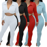 Solid Color White Thicken V Neck Button Crop Top Split Casual Set