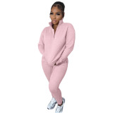 Casual High Neck Long Sleeve Zippered Solid Color Sweatshirt 2 Pieces with Pockets