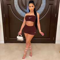 Solid Color Coffee Embroidered Sleeveless Wrapped Vest Top Two-piece Short Set