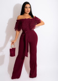 Women Slim Ruffle Off Shoulder Short Sleeve Solid Long Pants Jumpsuit with Belt