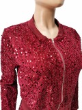 Red Sparkly Sequin Threaded Two Piece Set for Women Fall Winter Sport Suit Zipper Sweatshirts Jacket Top and Pants Tracksuit Clubwear