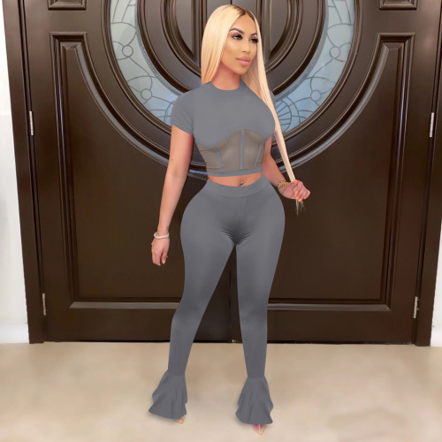 Dark Grey Women Fitness Mesh Stitching Clothing Wear Flared Trousers Women Set