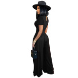 Solid Color Short Sleeve Romper + Wide Leg Pants Two Pieces