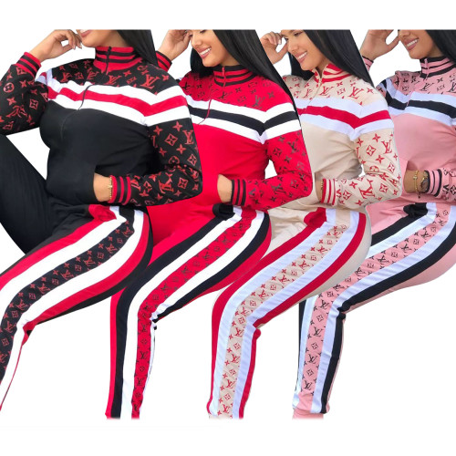 Casual Sports Print Zipper High Neck Two Piece Pant Set