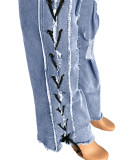 Women Eyelet Rope Elasticity Ripped Denim Trousers