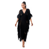 Solid Color Manual Knitted Sheer Fringed Dress