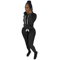 Solid Color Twill Zipper Tracksuit Hoodie Pant Set For Women