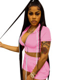 Solid Pink Zipper Cardigan Hooded Cropped Two-Piece Short Summer Set