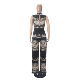 Fashion Pattern Printed Sleeveless Rompers + Wide Leg Pants Set