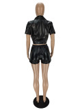 Solid Deep Pocket Turndown Neck Slit PU Leather Shorts Set