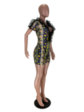 Casual High Neck Mesh Stitching Pattern Shorts Set
