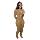 Solid Color Manual Knitted Sweater Cardigan 3 Piece Set