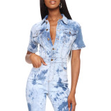 Plus Size Fashion Short Sleeve Washed Denim Jumpsuit