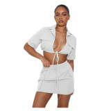 Solid Color Clothes Short Sleeve Crop Skirt Set Tooling Style