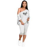 Women 2 Pieces Sets Sloping Shoulder Batwing Sleeve Letter Print Crop Top And Drawstring Pants Set