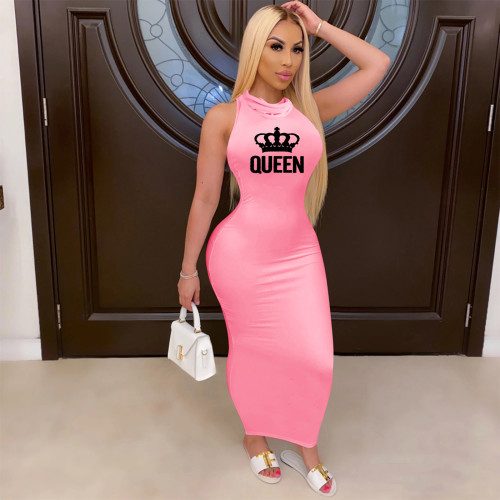 Casual Pink Crown Printed Sleeveless Nightclub Maxi Dress