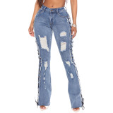 Women Eyelet Rope Elasticity Ripped Denim Trousers