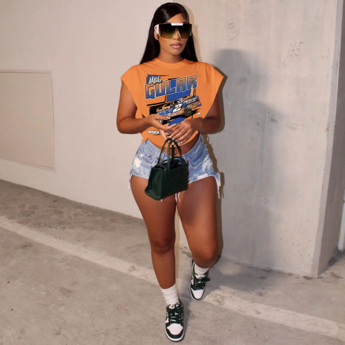 Casual Orange Cool Racing Print Bandage Hollowed Out Split Joint O Neck T-Shirts