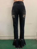 Classic Holes Fringed Ruffled Denim Trousers