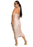 Women Summer 2022 Bandage Dress Halter Slit Lace Up Bodycon Evening Club Party Ruched Long Dress