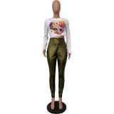 Solid Color High Waist High Elastic Leather Pencil Pants