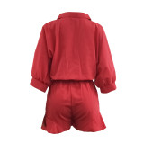 Solid Color Red Convertible Collar Ruffled Short Romper