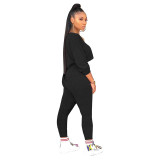 Solid Color Batwing Sleeve High Waist Top & Trousers