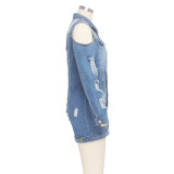 Blue Ripped Cut Out Cold Shoulder Denim Coat