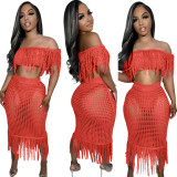 Sexy Perspective Knitted Hook Tassel Off Shoulder Beach Suit