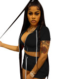 Black Solid Zip Up Cardigan Cropped Hooded Two Piece Short Set