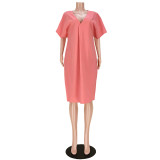 Pink Casual Loose Solid Pleated V Neck Midi Dress