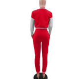 Red Single-breasted Letters Printed Colorblock Jacket Sports Baseball Uniform Suit with Pockets