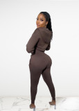 Women's Solid Color Velvet Zipper Hoodied Casual Two Piece Set