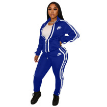 Fashion Casual Blue Lapel Printed Letter Two Piece Outfits with Zip Up