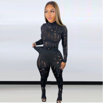Black Sexy Solid Ripped See-through Turtleneck Long Sleeve Two Pieces Tracksuit Set
