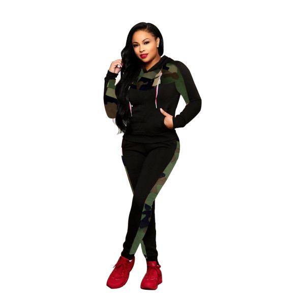 Casual Camouflage Stitching Hooded Two Piece Set
