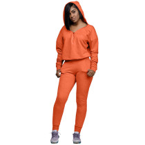 Casual Zipper V-neck Hooded Two Piece Pant Set