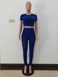 Casual Hot Diamond Short Sleeve Pant Set with Pocket