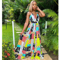 Sexy Printed V Neck Backless Cross Strap Maxi Swing Dress Sexy Printed V Neck Backless Cross Strap Maxi Swing Dress