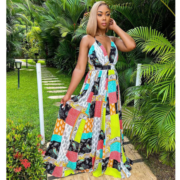 Sexy Printed V Neck Backless Cross Strap Maxi Swing Dress
