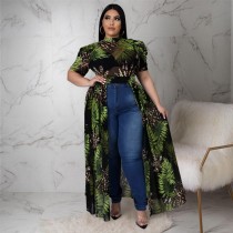 Summer Plus Size Women Print Puffed Short Sleeve Sexy Mesh Long Dress