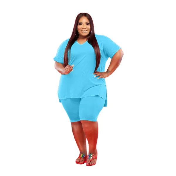 Solid Color Plus Size V Neck Short Set