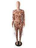 Leopard Drawstring Style Overalls Young Sexy Fashion Full Sleeve Pencil 2 Piece Long Pants