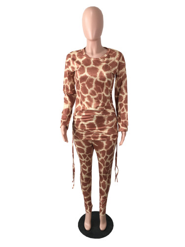 Leopard Drawstring Style Overalls Young Sexy Fashion Full Sleeve Pencil 2 Piece Long Pants