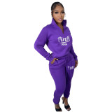 Casual Fleece Printed Letters Zipper Pullover High Neck Pant Set 2 Pieces