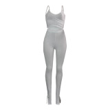 Solid Color Straps Crop Top and Trousers with Side Slit