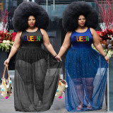 Black Plus Size African Mesh Beaded Embroidery Large Size Club Wear See Through Lantern Long Dress