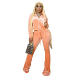 Autumn Winter Orange Velvet Sports Sweatshirt Crop Top and Trousers