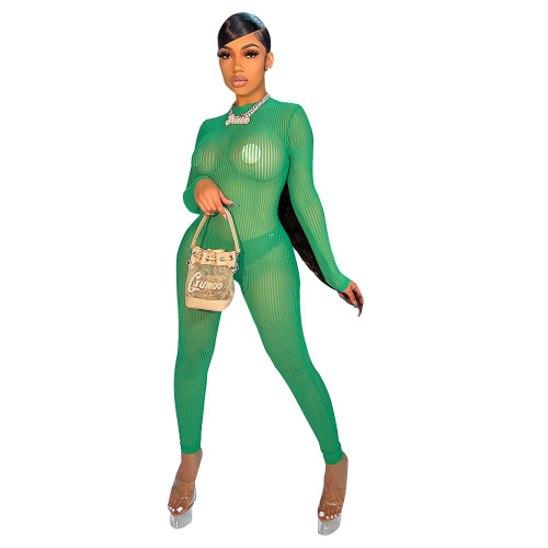 Autumn Sexy Green Mesh See Through Long Sleeve Jumpsuit with Back Zipper