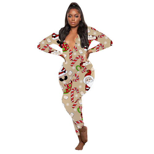 Casual Christmas Printed Long Sleeve Trousers Homewear Jumpsuit